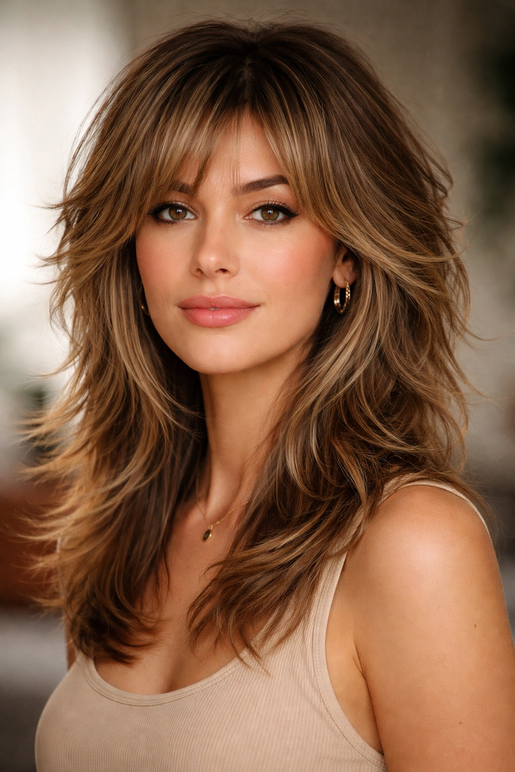 Medium-length hair with classic feathered shag texture and volume