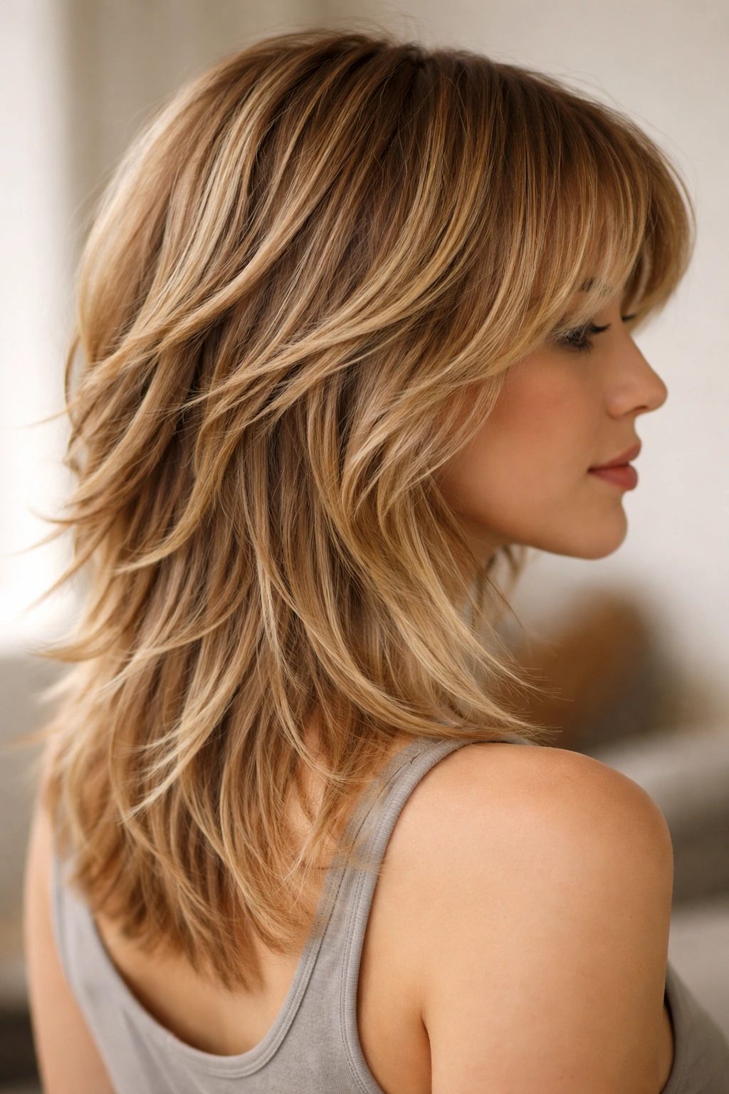 18 Medium Shaggy Cuts With Built In Movement 7 Close-up of a medium shag with feathered tapered ends and subtle movement