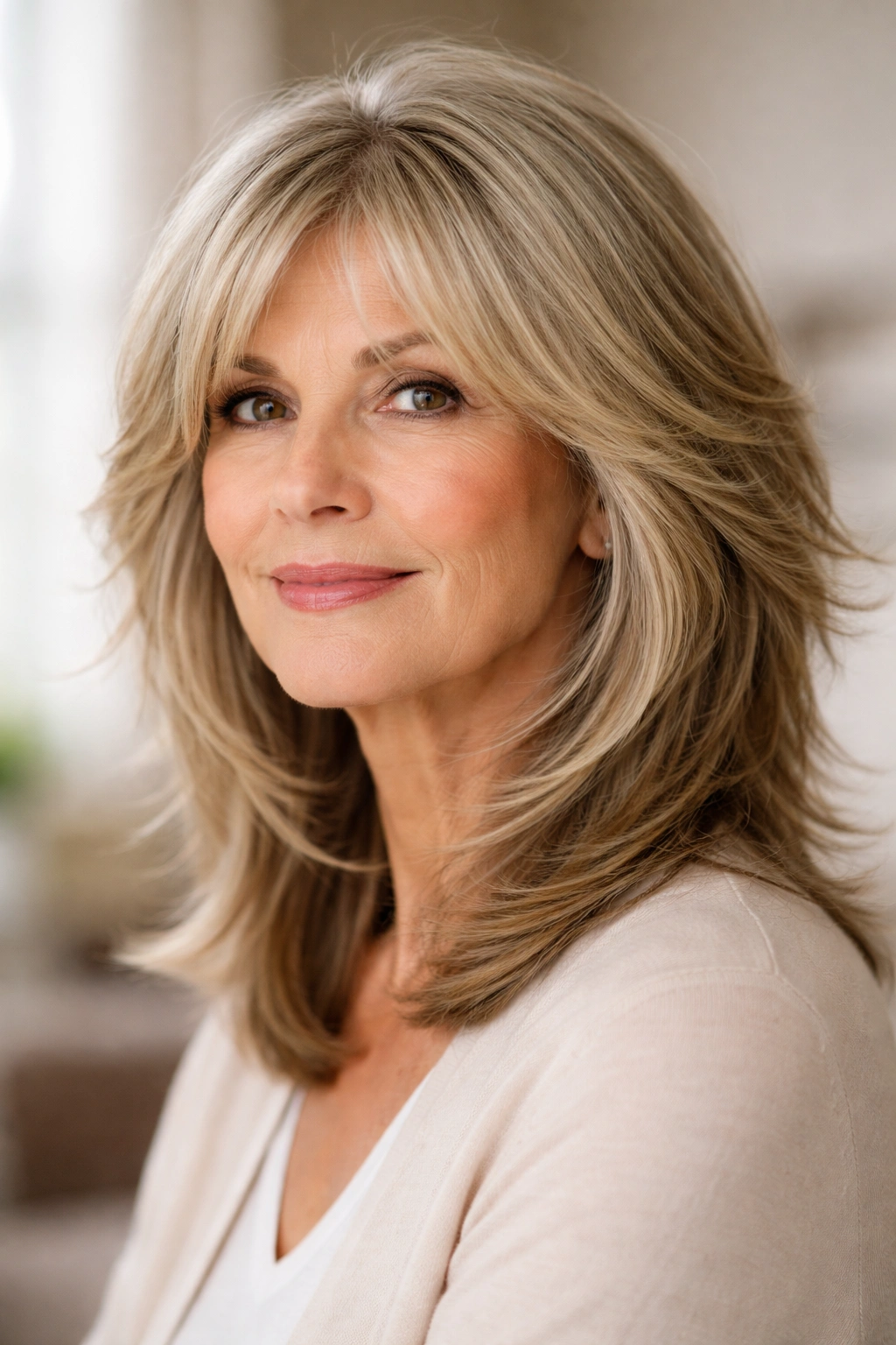 Feathered medium shag with tapered layers and face-framing pieces.