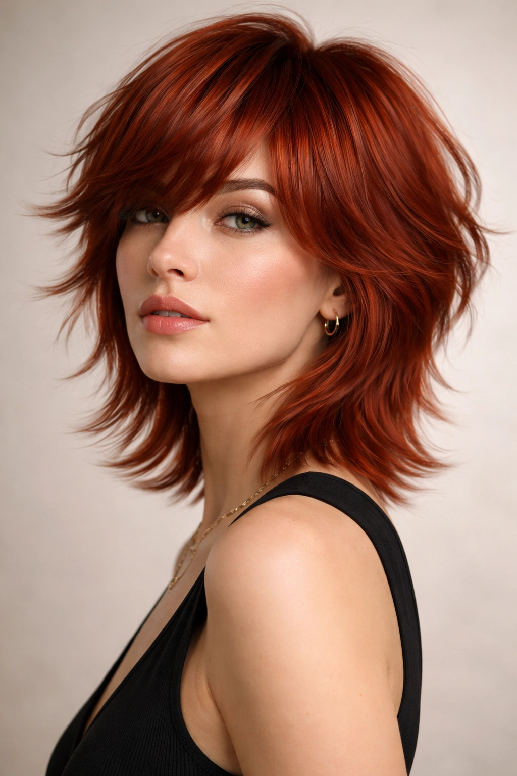 Portrait of red hair in a feathered modern shag with clearly defined layers and volume.
