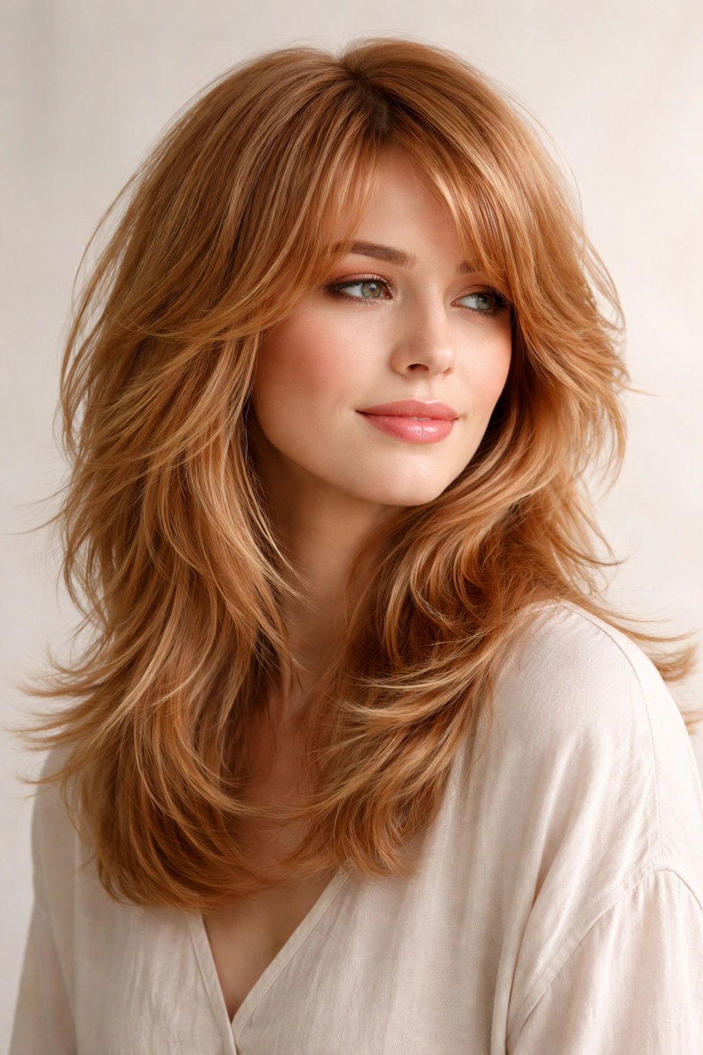 Feathered shag hairstyle in strawberry blonde with soft layers and waves.