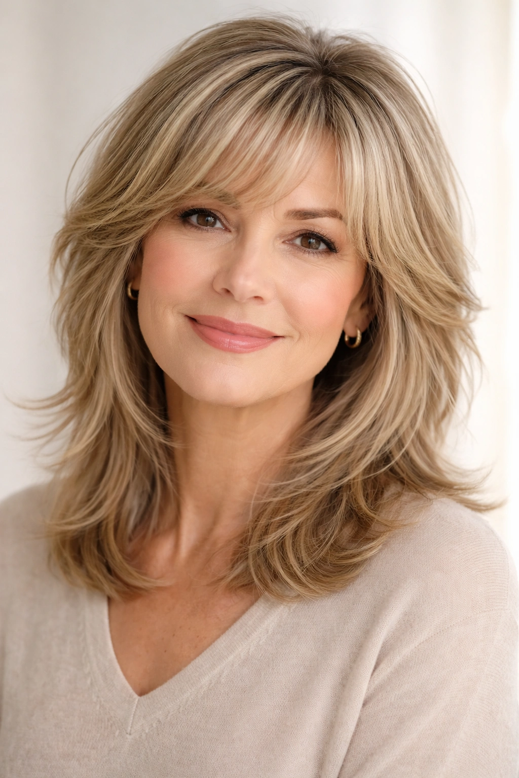 Mature woman wearing a soft feathered shag with graduated layers from crown to ends