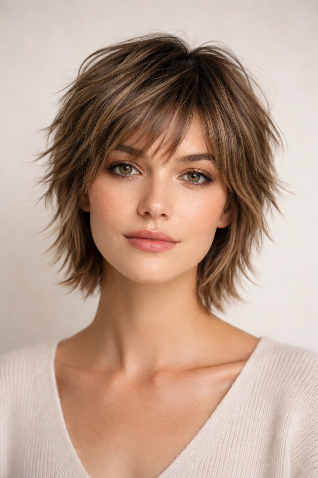 Short feathered shag with soft piece-y layers in studio lighting