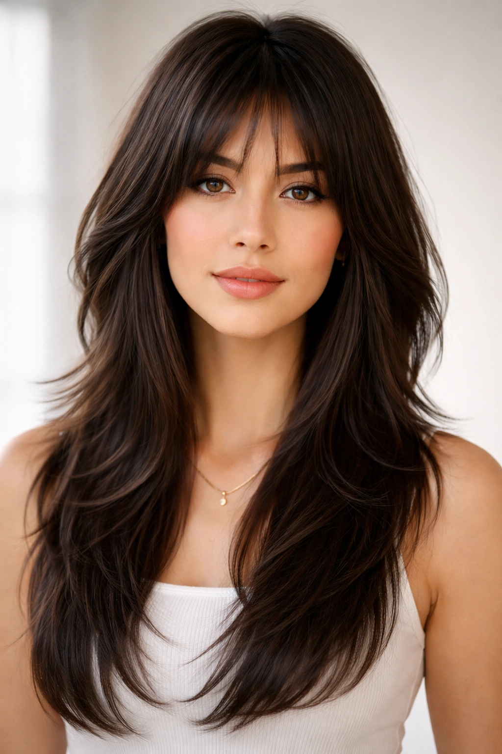 Feathered shag on thick straight hair with light-catching ends