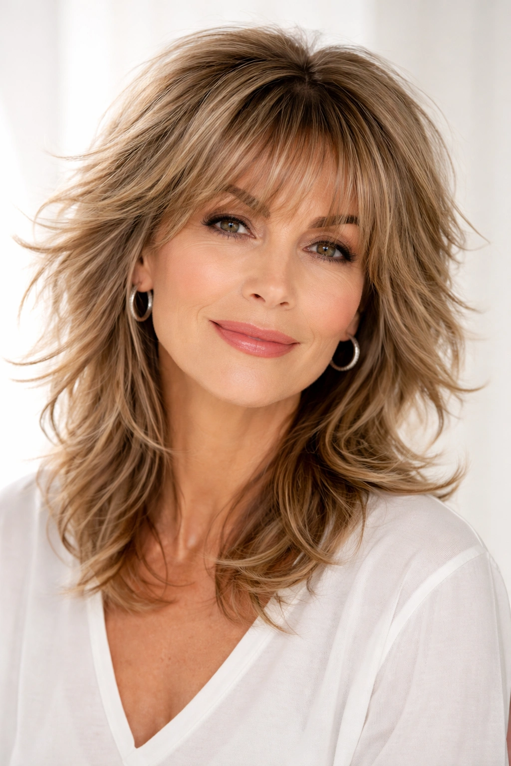 Feathered shag hairstyle with wispy fringe