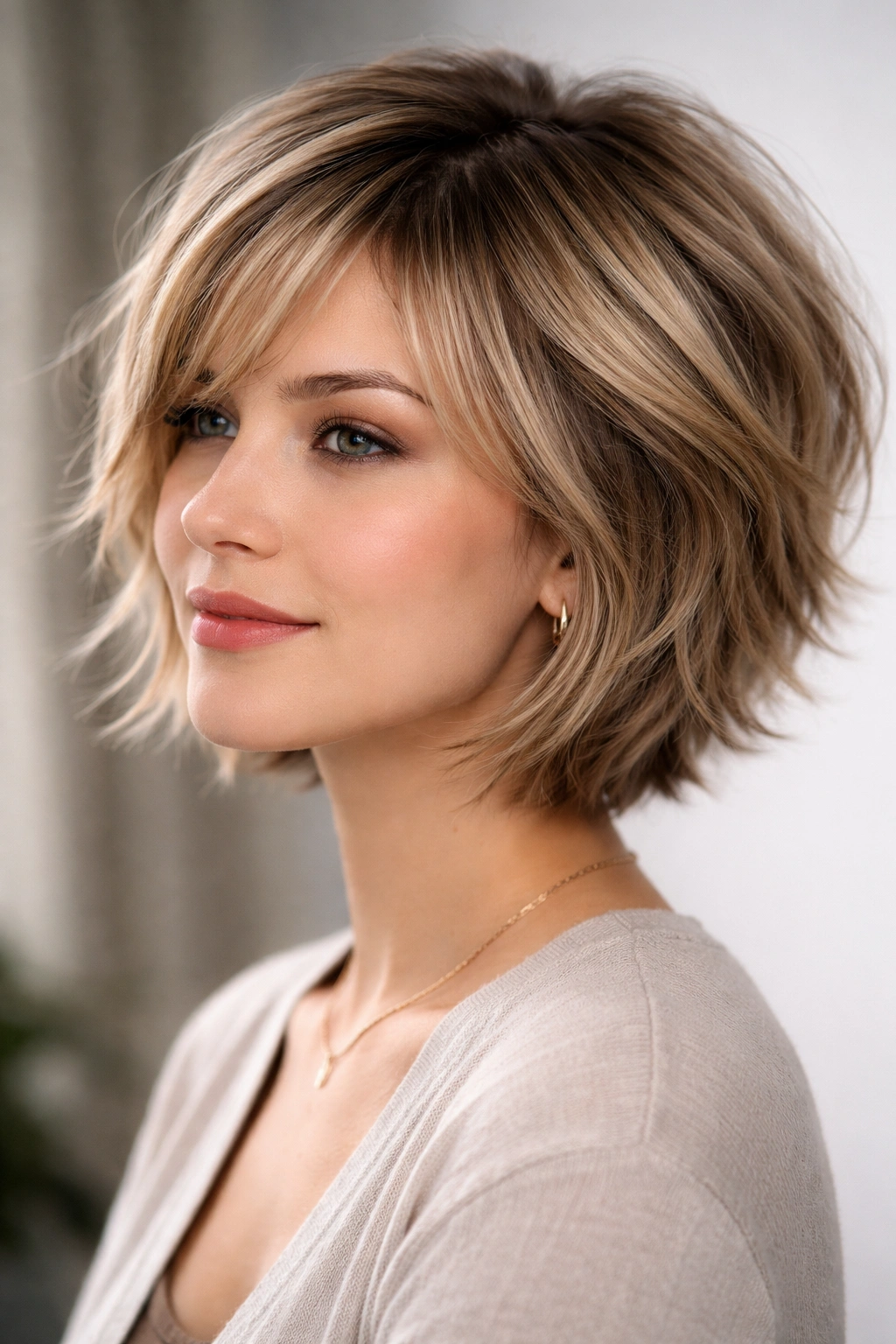 Feathered shaggy bob with numerous feathered layers