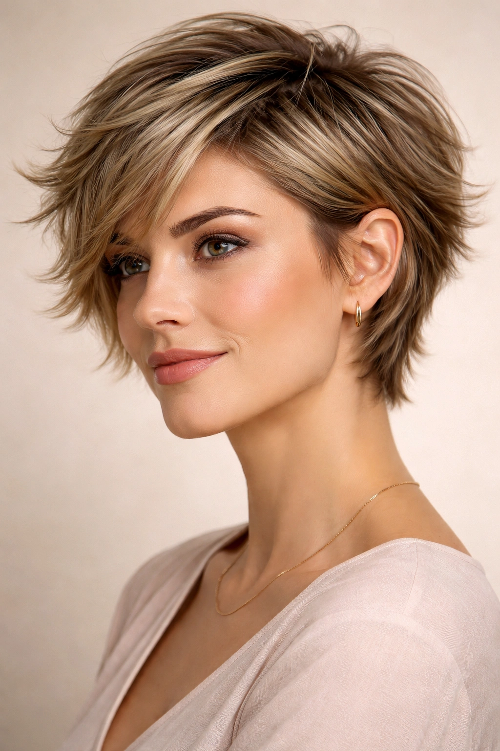 15 Short Haircuts That Soften A Square Jawline 11 Close-up of a short crop with feathered, outward-flipping layers.