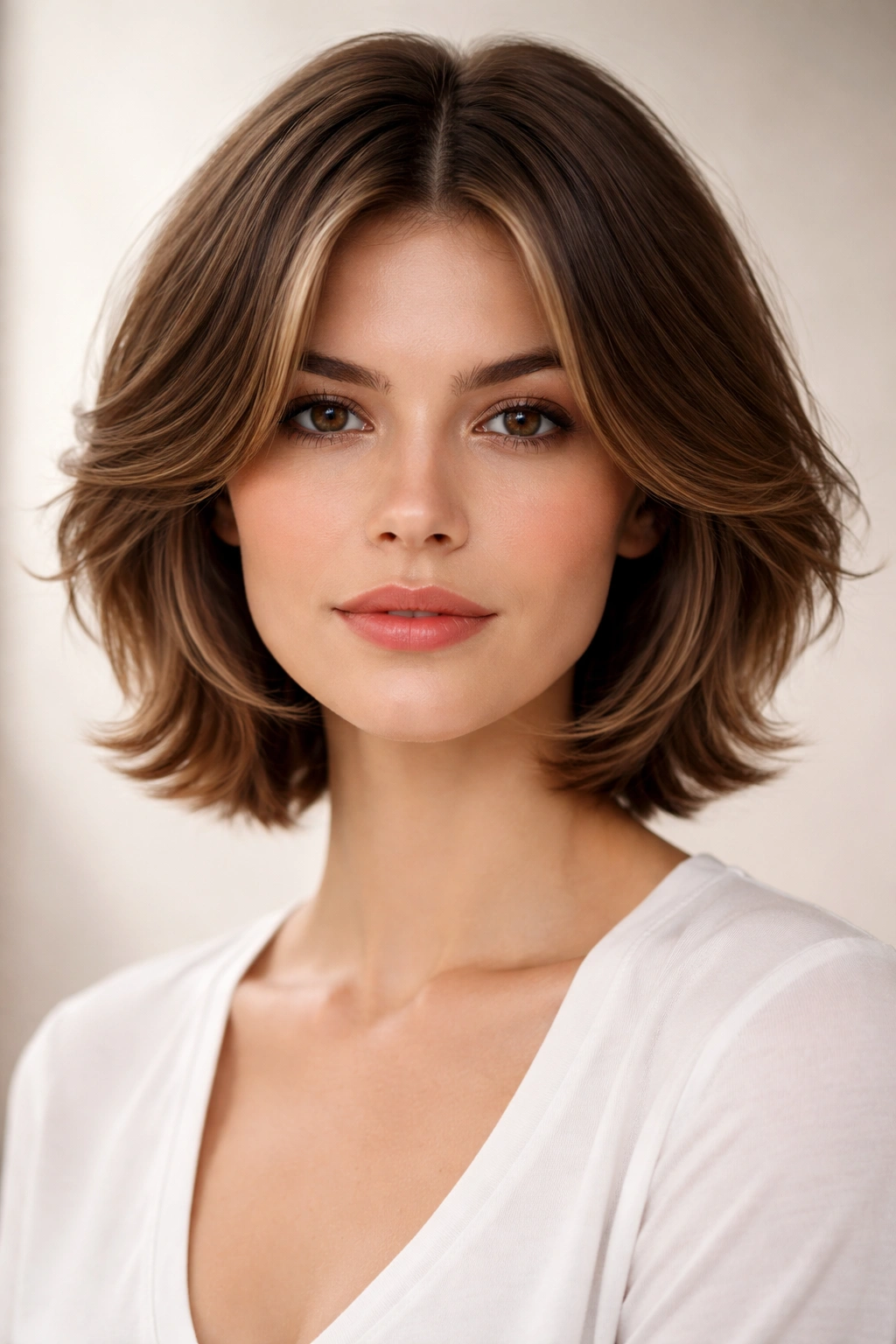 Feathered short cut with outward-curving layers and middle part in studio portrait
