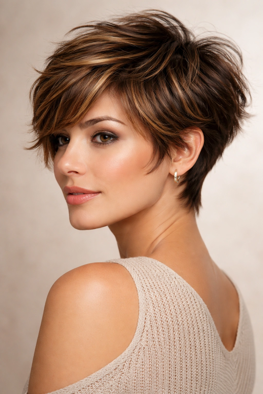 Feathered short cut hairstyle with caramel highlights showing soft movement