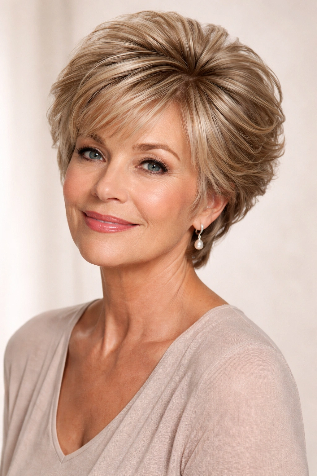 Close-up portrait of a woman with a feathered short cut and voluminous crown