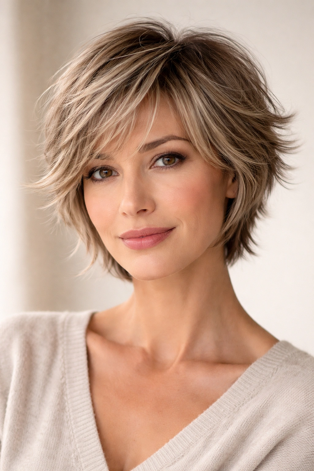 Close-up portrait of feathered short hair with wispy layers and texture