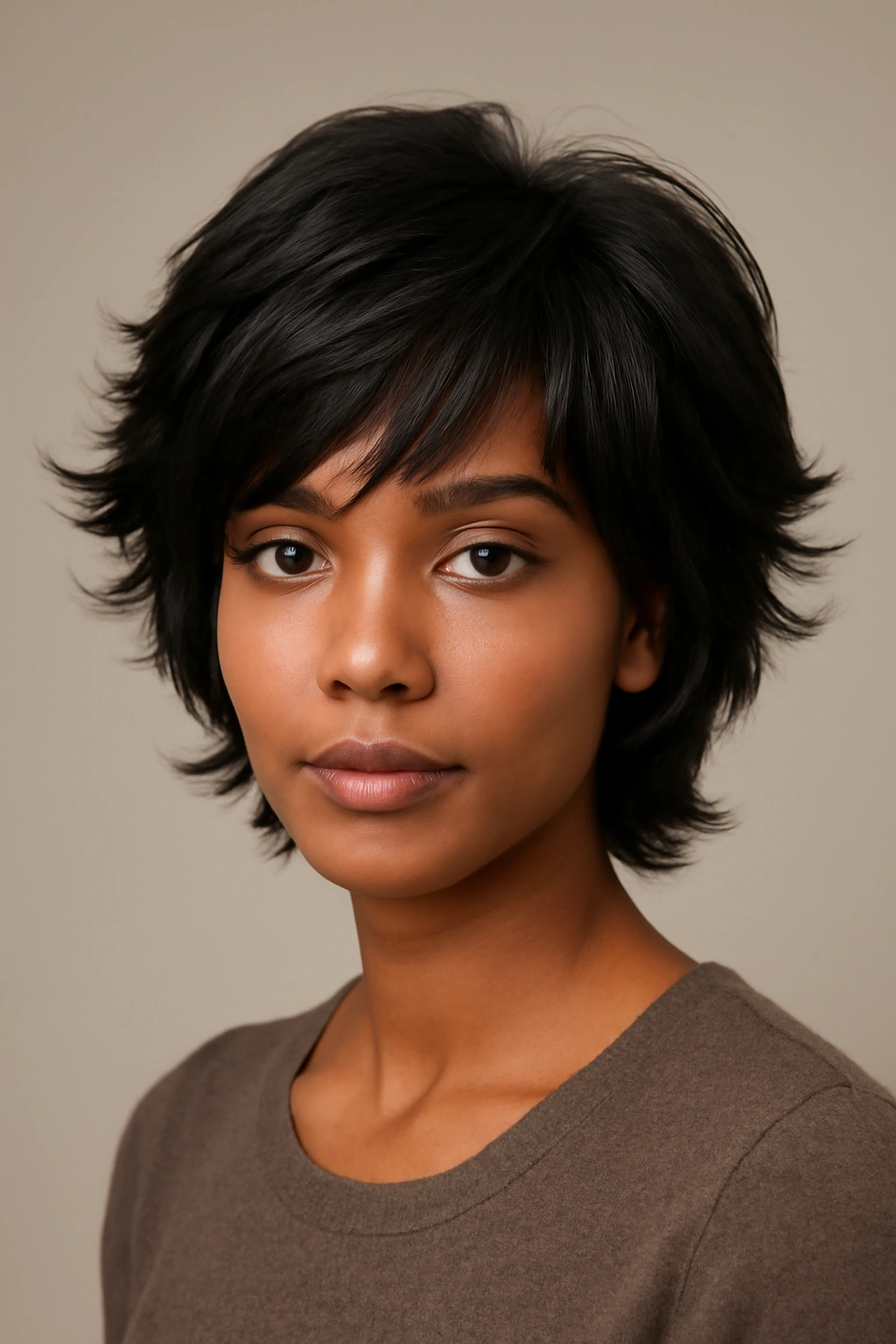 10 Quick Weave Short Styles Worth Asking For Now 7 Portrait of a person with feathered short layers creating face framing volume