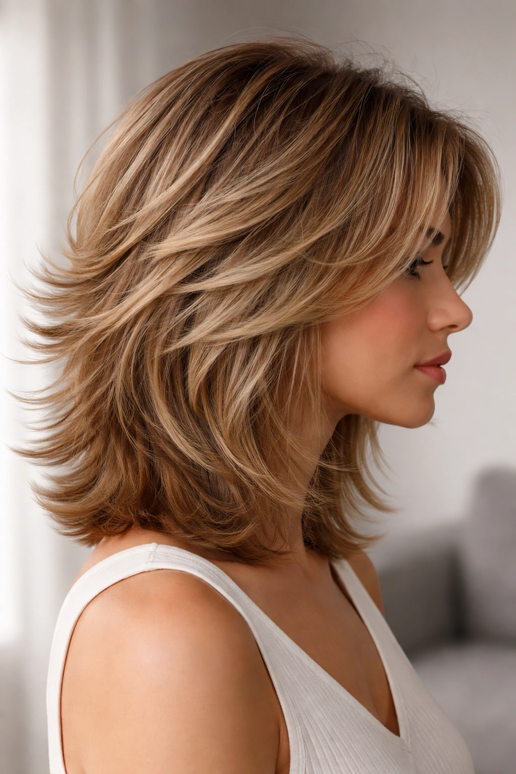 Feathered shoulder cut with outward flipping layers