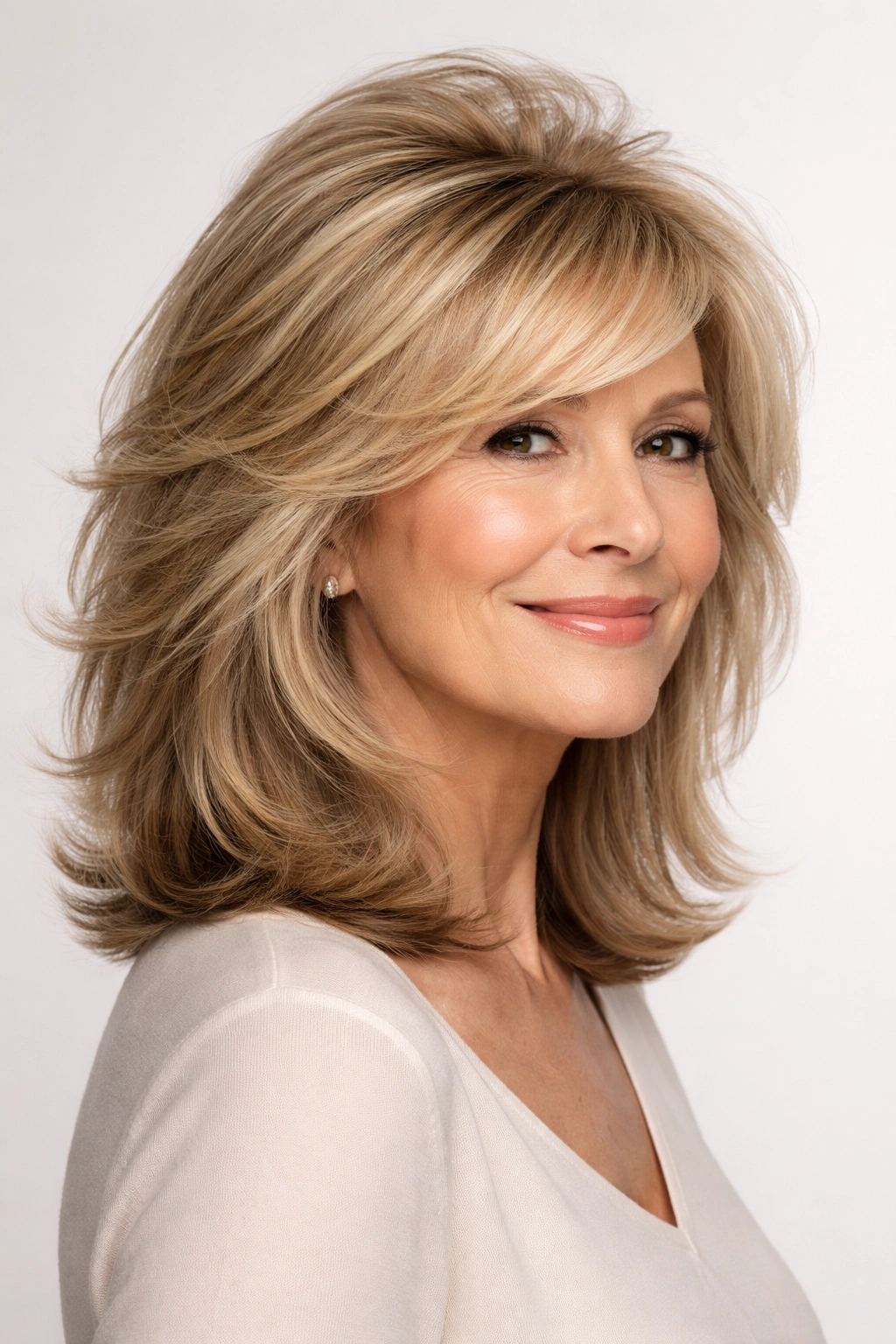 Shoulder-length feathered cut with crown volume in a half-profile view