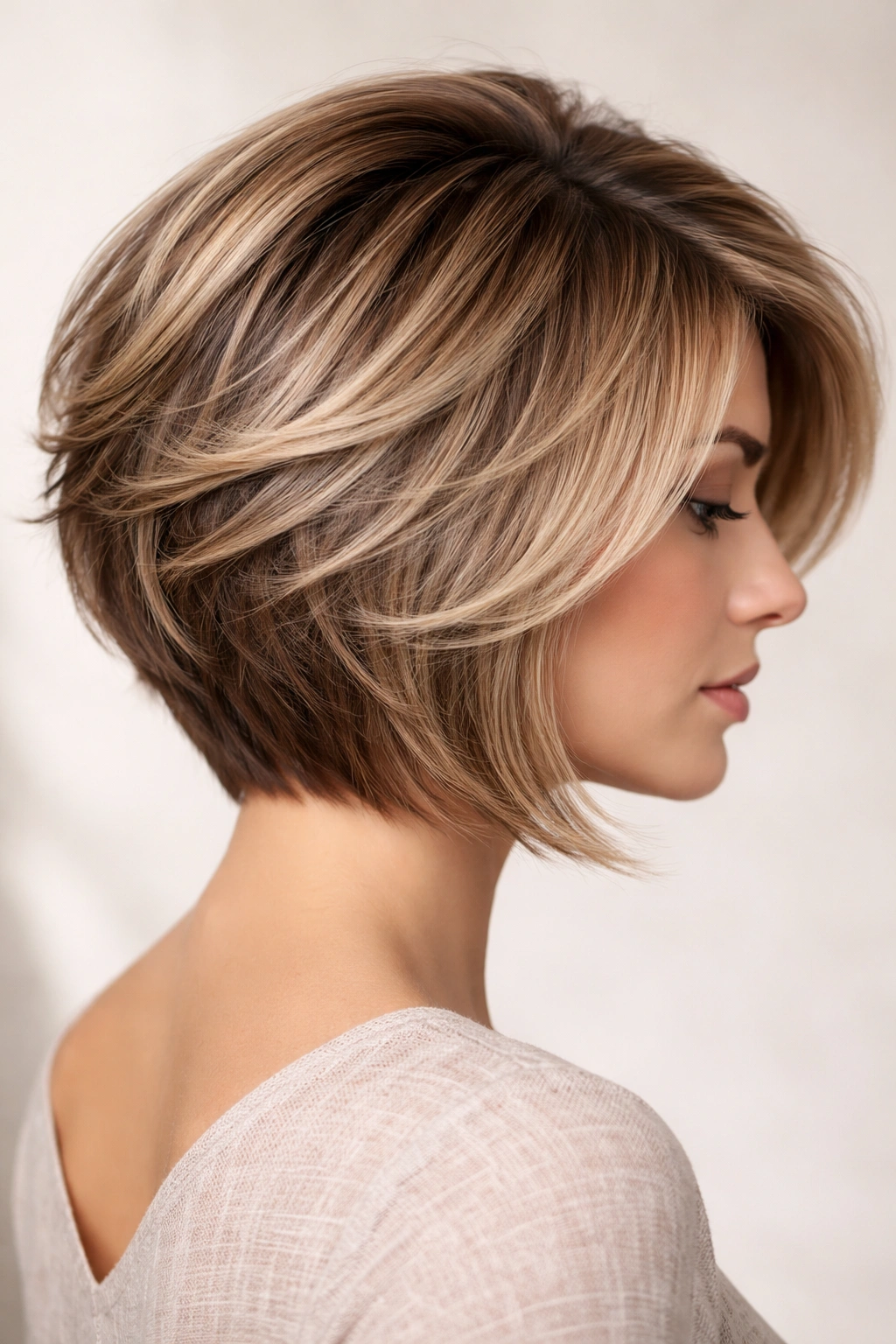 15 Stacked Bob Cuts For Thick And Fine Hair 2 Feathered stacked bob with soft overlapping layers and outward flow.