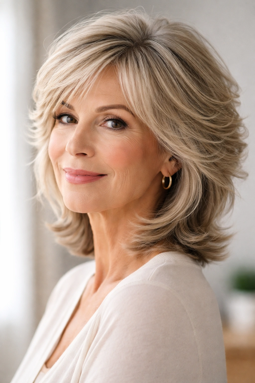 Side-profile of a mature person with a feathered hairstyle showing volume and texture