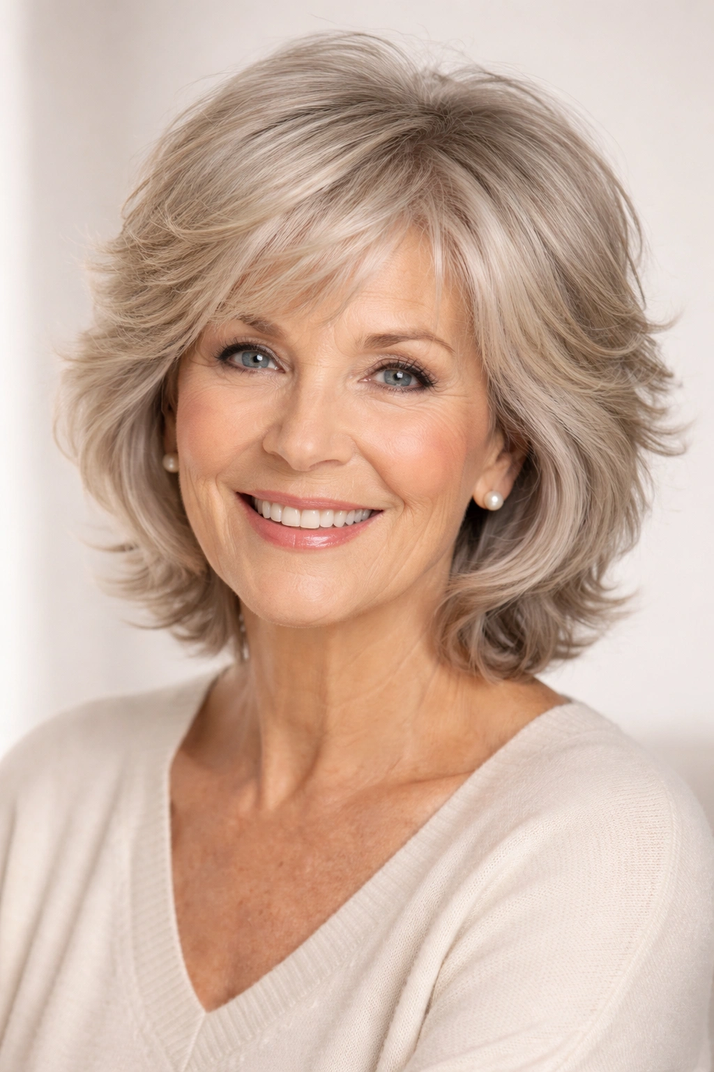 Close-up of feathered layers in soft textured hair on a mature woman