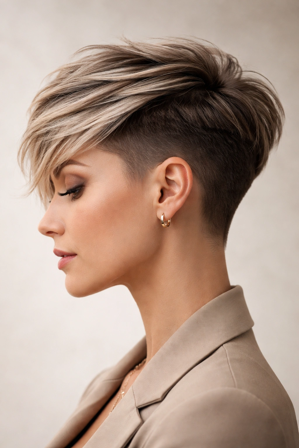 Profile view of sleek feathered undercut with long top layers