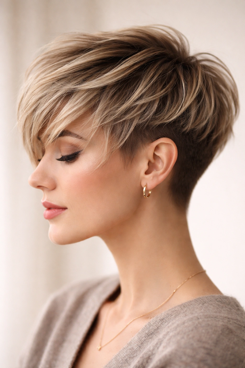 Close-up profile of a feathered undercut pixie with long layered top and subtle undercut hidden at the ear