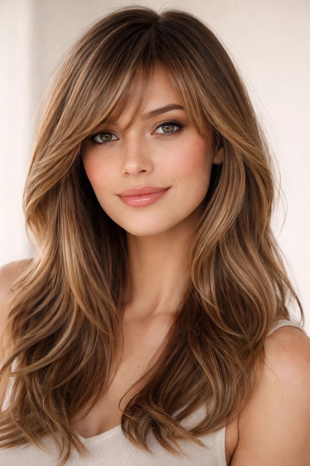 Portrait of a person with feathered side swept bangs and soft layers