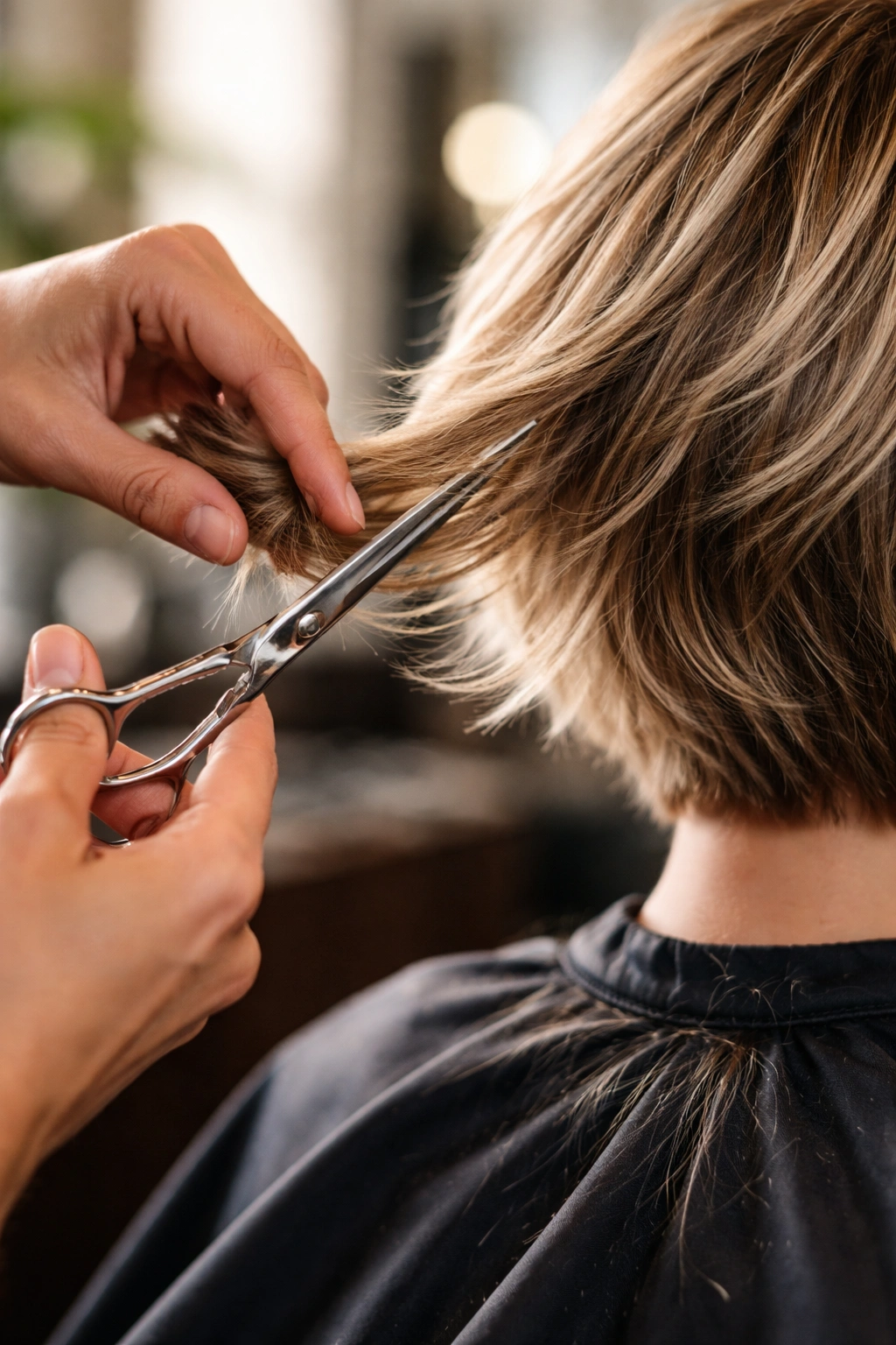 10 Feathered Short Haircuts With Soft Wispy Layers 11 Hands performing feathering technique on hair in salon