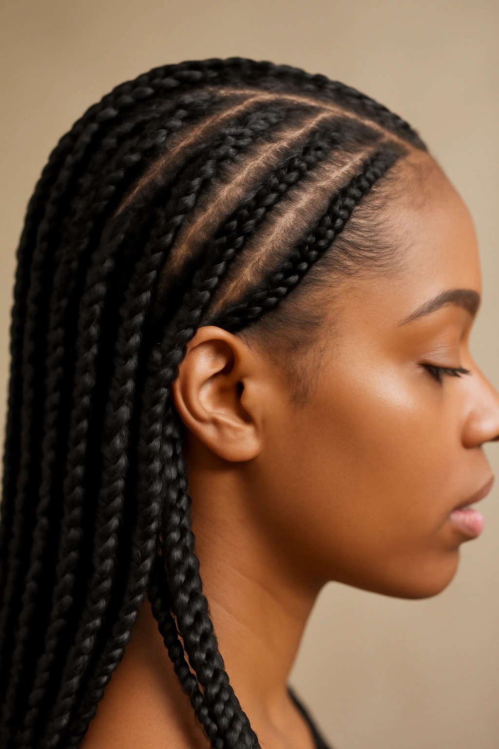 20 Box Braid Styles From Short Bobs to Waist Length 17 Close-up of feed-in box braids along the scalp showing gradual integration.