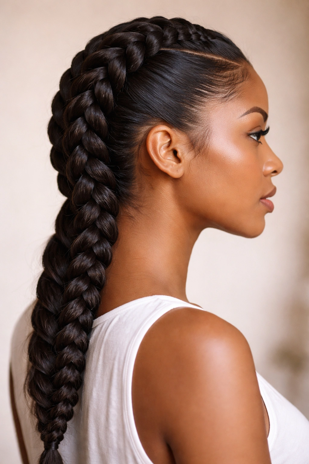 Side view of a crown-to-nape feed-in braid with gradual fullness