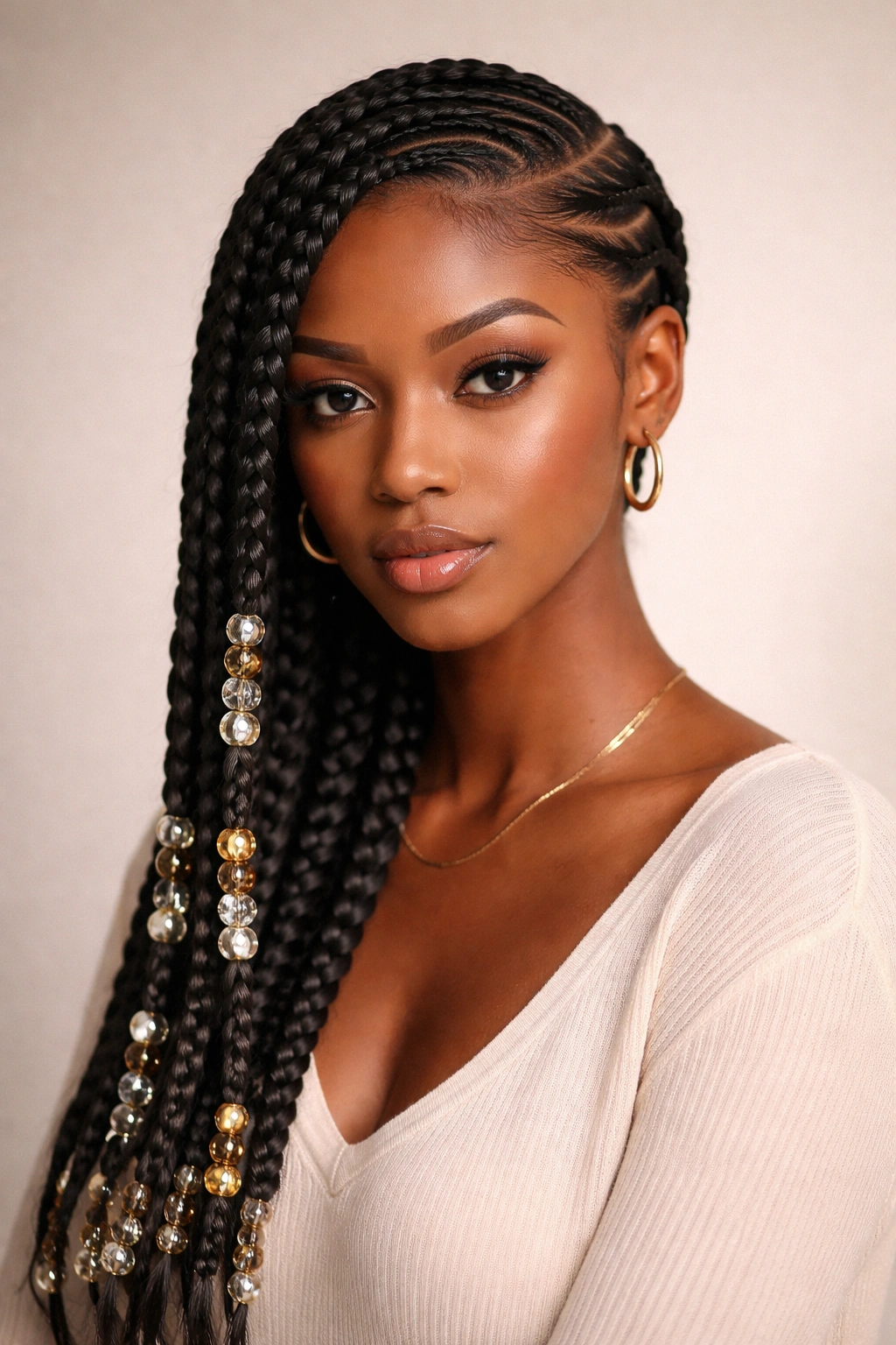 Two feed-in braids with beads on a Black woman's head, off-center part
