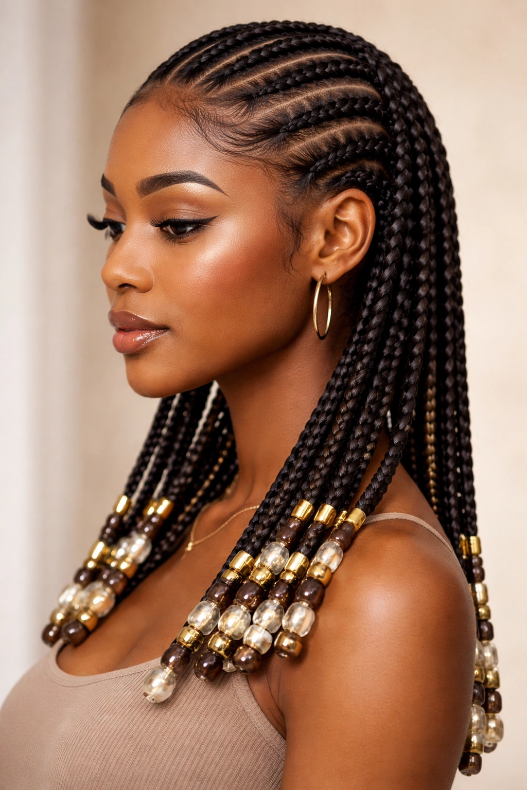 Feed-in braids with two-tone beads along a natural-thin braid