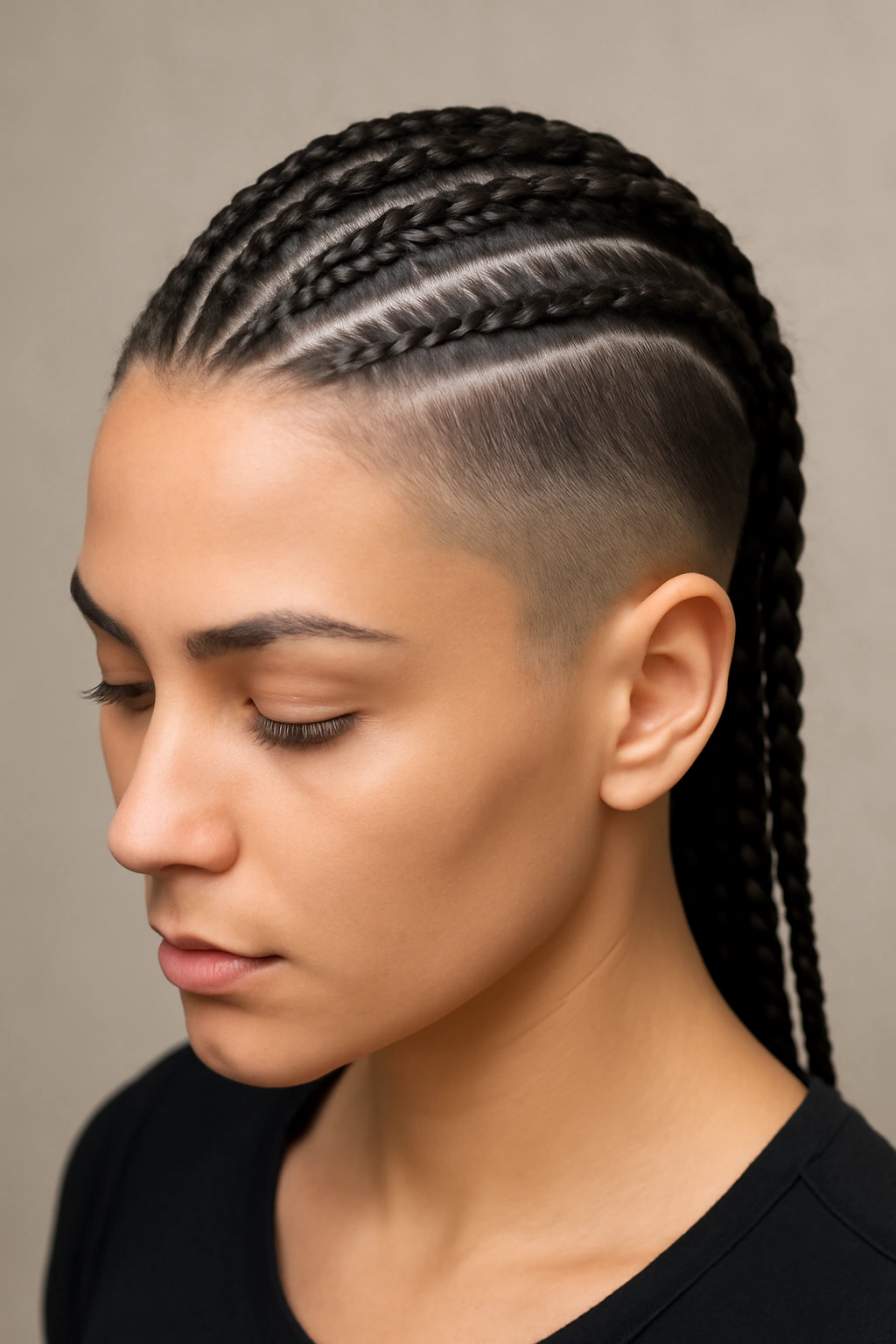 Feed-in braids along the crown with shaved sides