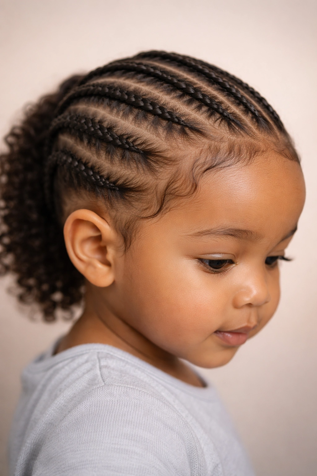 Close-up of feed-in braids along a toddler's hairline