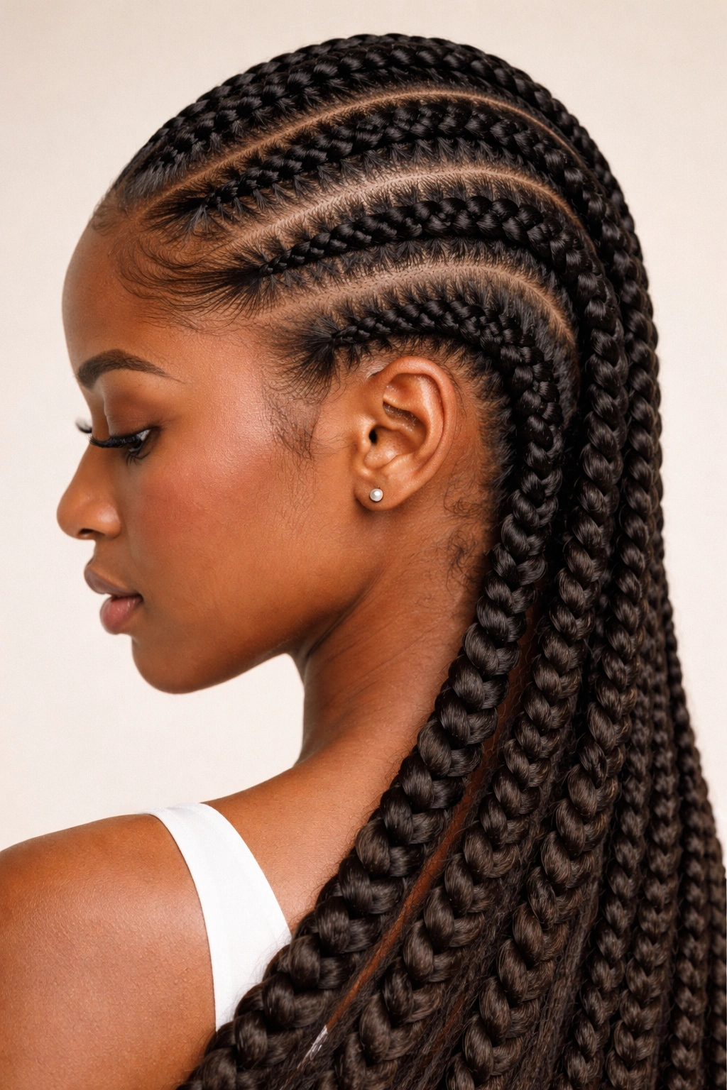 Close-up of Feed-In Braids showing gradual feeding for natural thickness.