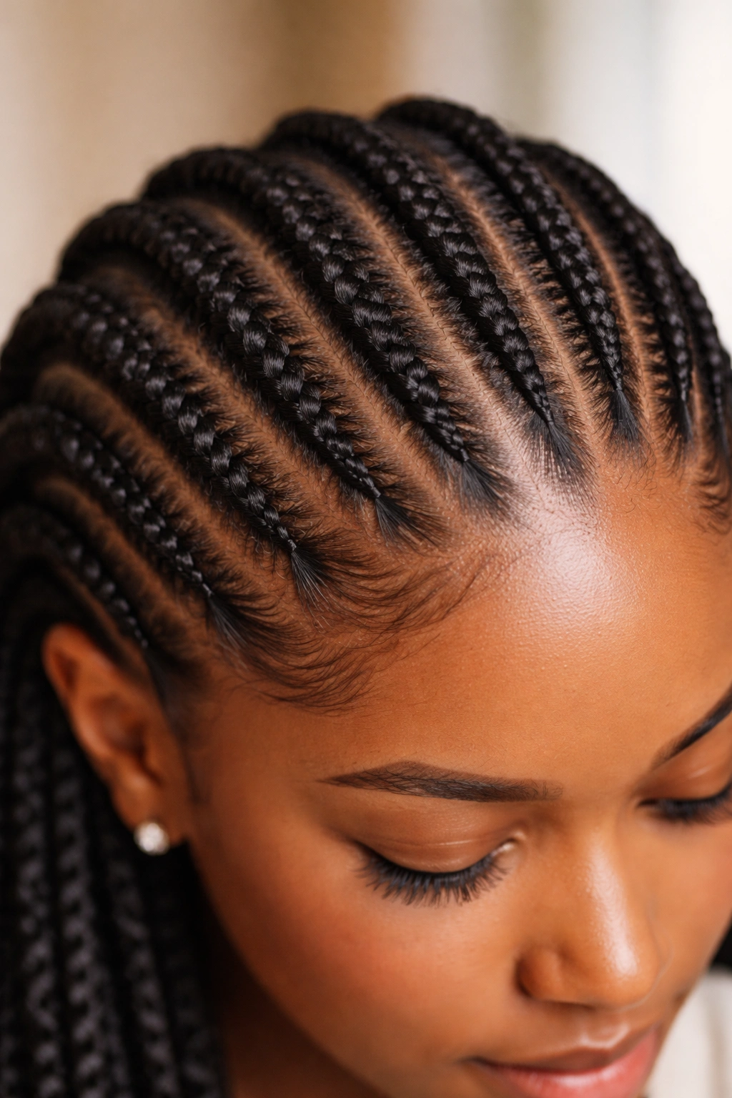 Close-up of feed-in braids with seamless root-to-tip blend on natural hair