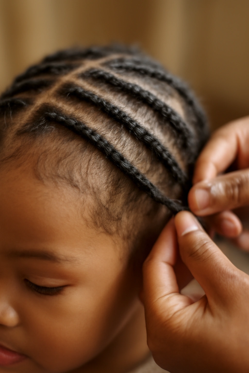 15 Adorable Natural Hair Braids for Toddlers 13 Close-up of toddler scalp with feed-in braids in progress
