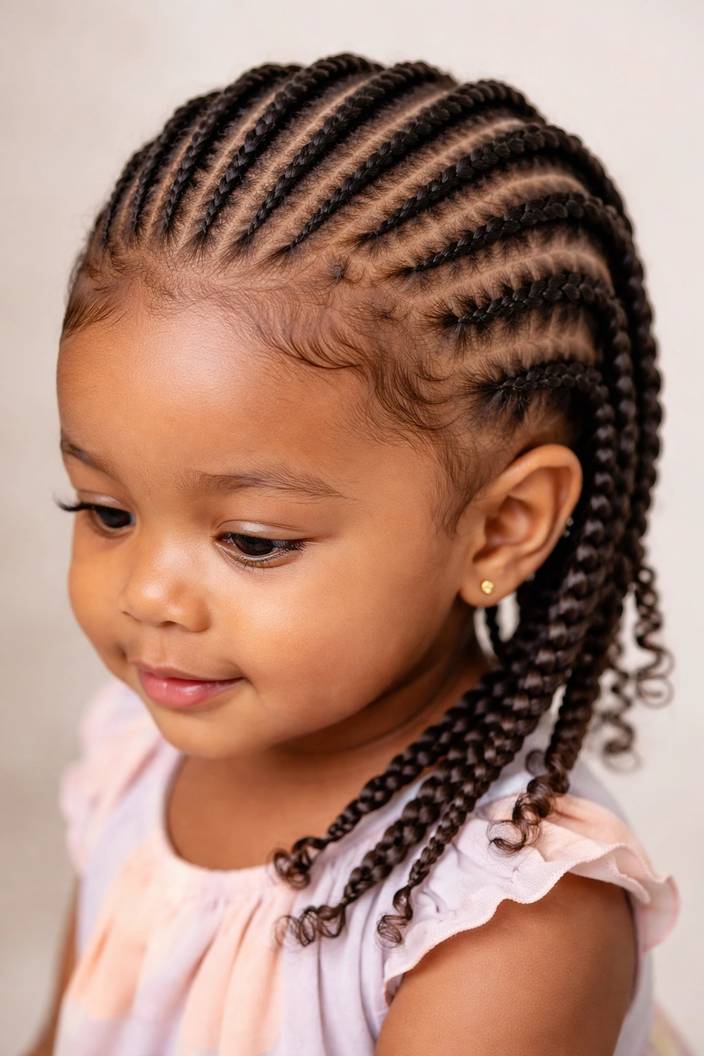 Close-up of a toddler's scalp with feed-in braids gradually adding hair