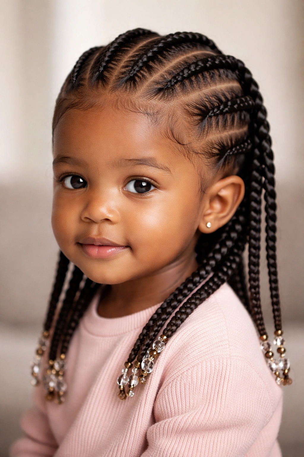 Close-up of toddler with feed-in braids showing seamless roots
