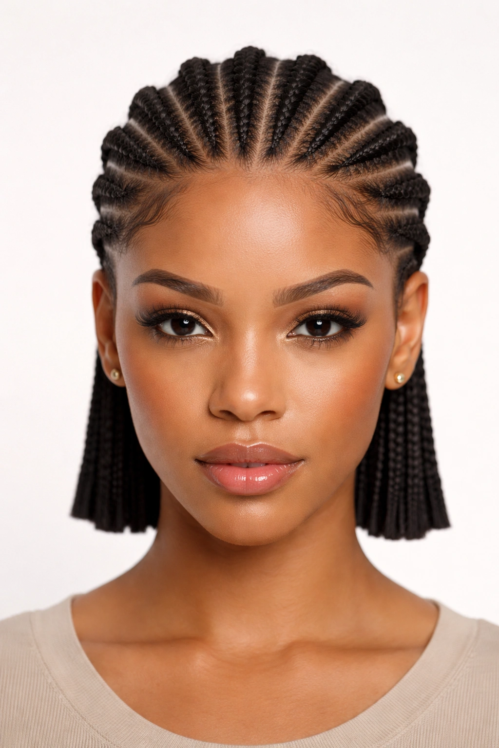 Close-up of feed-in cornrows with blunt ends on short hair