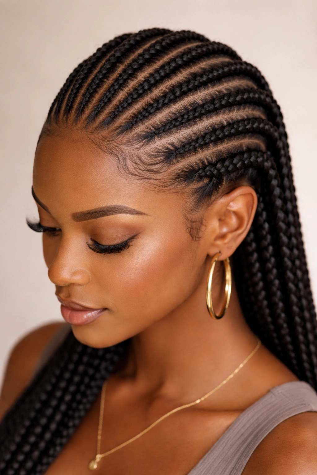 Close-up of feed-in cornrows on natural hair with a smooth tapered pattern