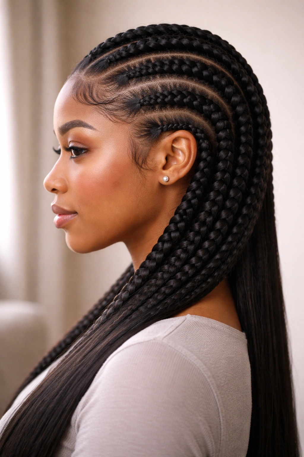 25 Natural Hairstyles Black Women Are Rocking Now 13 Close-up profile of feeding braids blending natural hair with extensions.