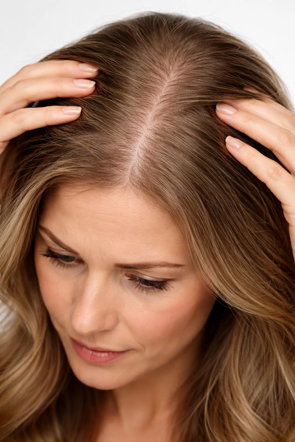 Woman's scalp with crown thinning indicating female pattern hair loss
