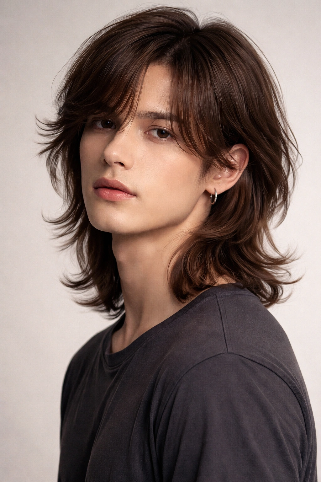 Portrait of a man with soft, feminine-leaning hairstyle featuring face-framing layers and curtain bangs