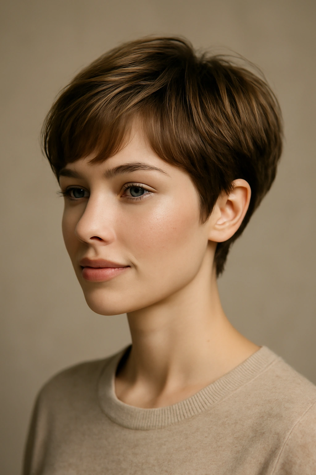 20 Pixie Styles Ranging From Classic To Edgy 8 Portrait of a feminine pixie bob with longer top and rounded silhouette against a neutral backdrop.