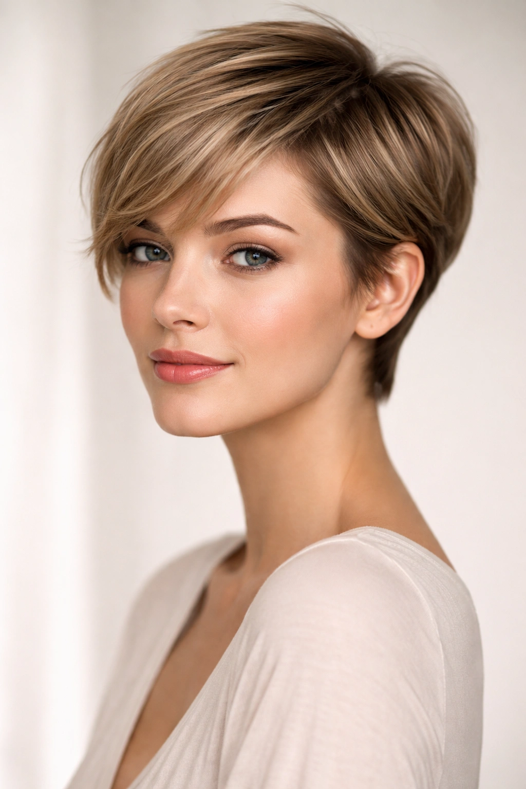 Face-framing The Feminine Pixie with softer curves and contoured silhouette.