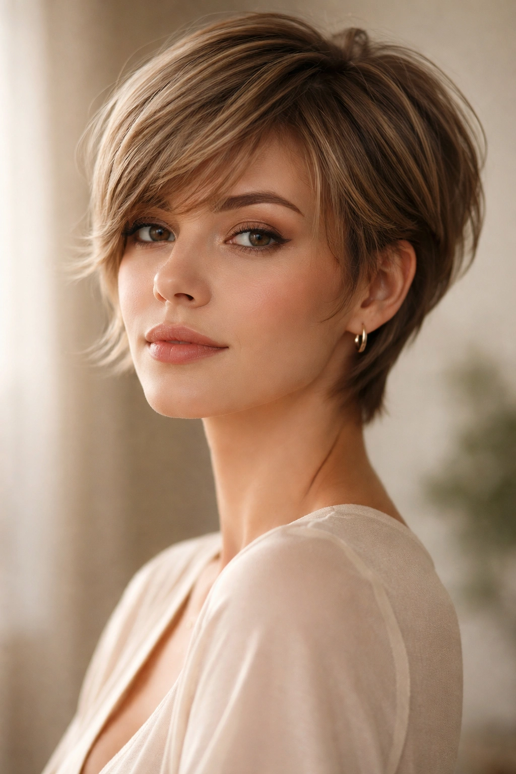 Portrait of a person with a soft, feminine longer pixie cut