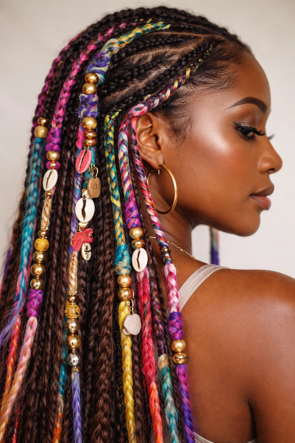 25 Braided Hairstyles For Black Women To Bookmark 25 Close-up of colorful festival braids with beads and yarn on a model's head
