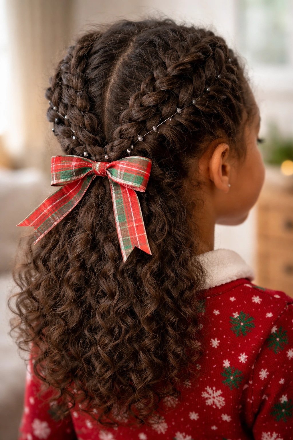 Festive school hairstyle close-up with textured hair and secure pins