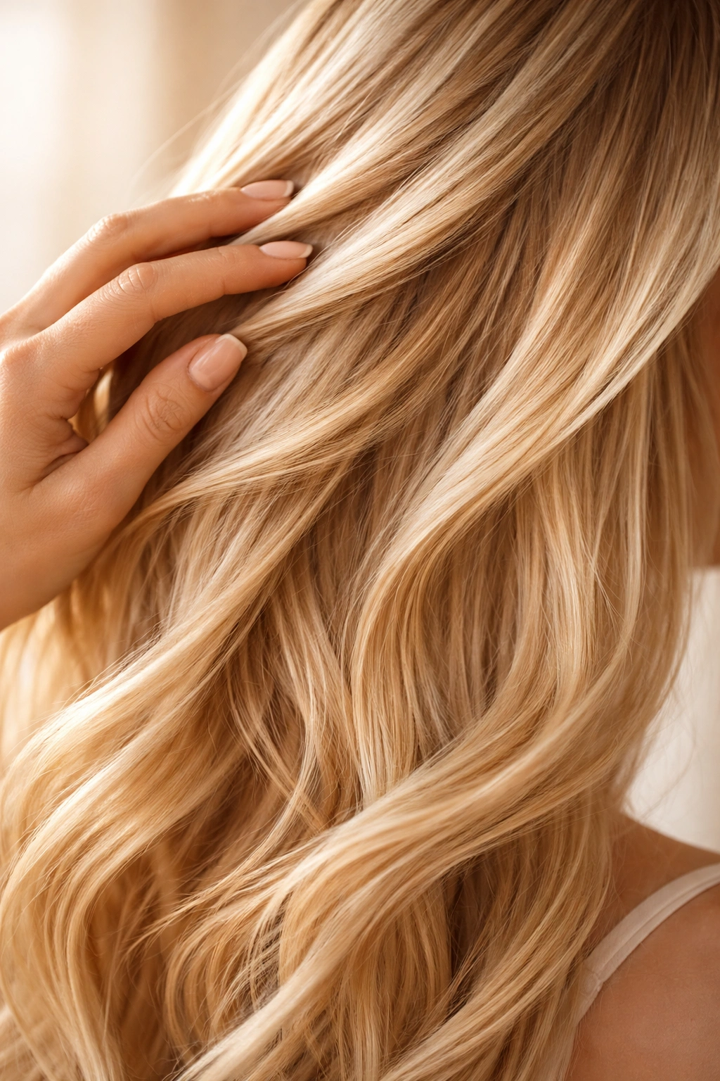 Close-up of a hand running through sunlit blonde hair showing health and shine
