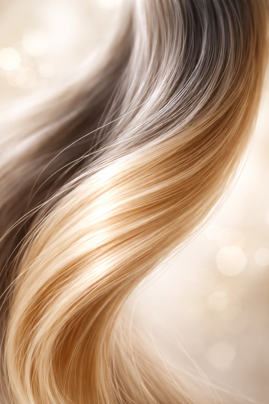 Hair strand transitioning from grey to blonde for a hopeful, achievable result