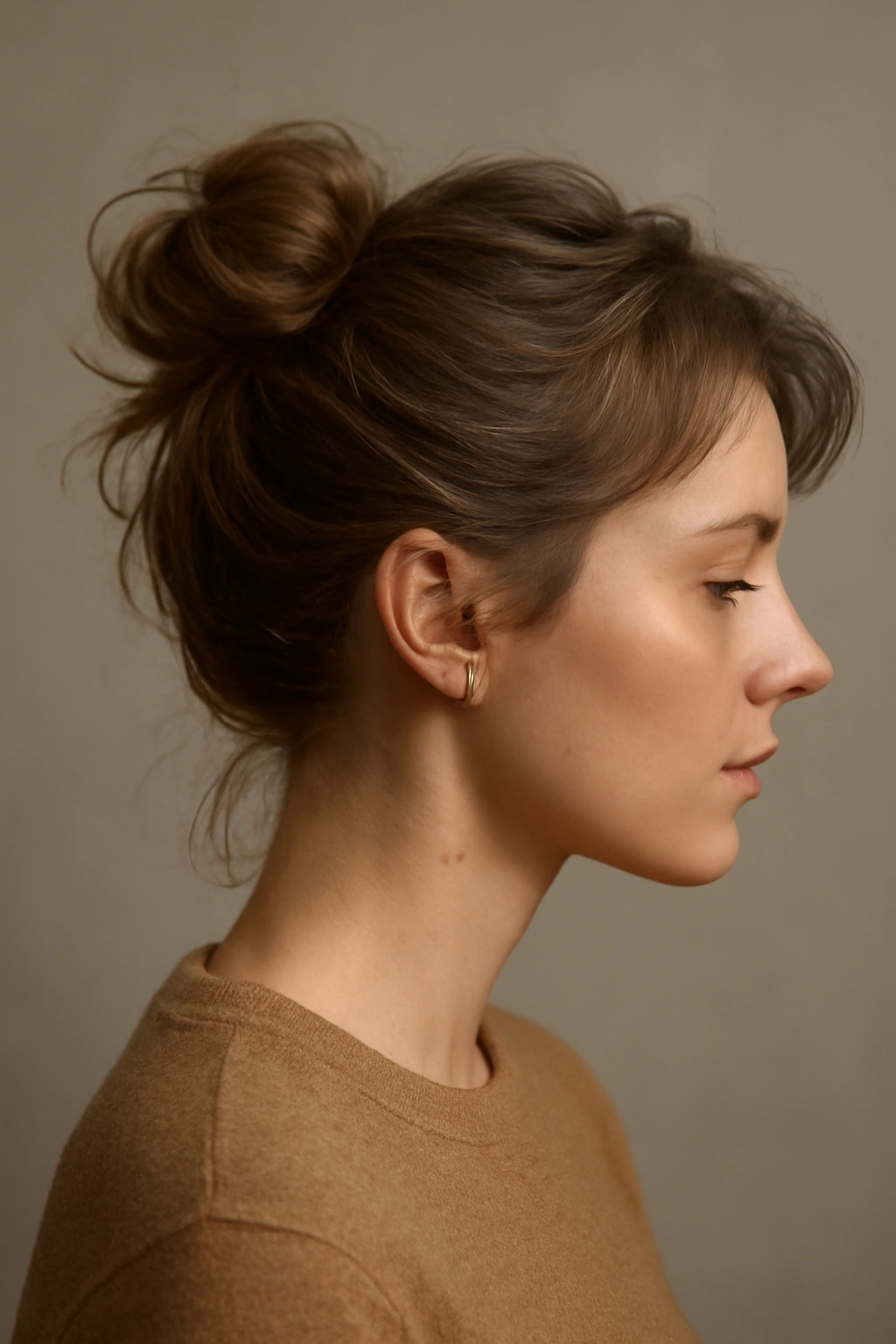 8 Messy Bun Ideas for Short Hair That Actually Stay 12 Side profile of a person with a polished, textured short-hair bun