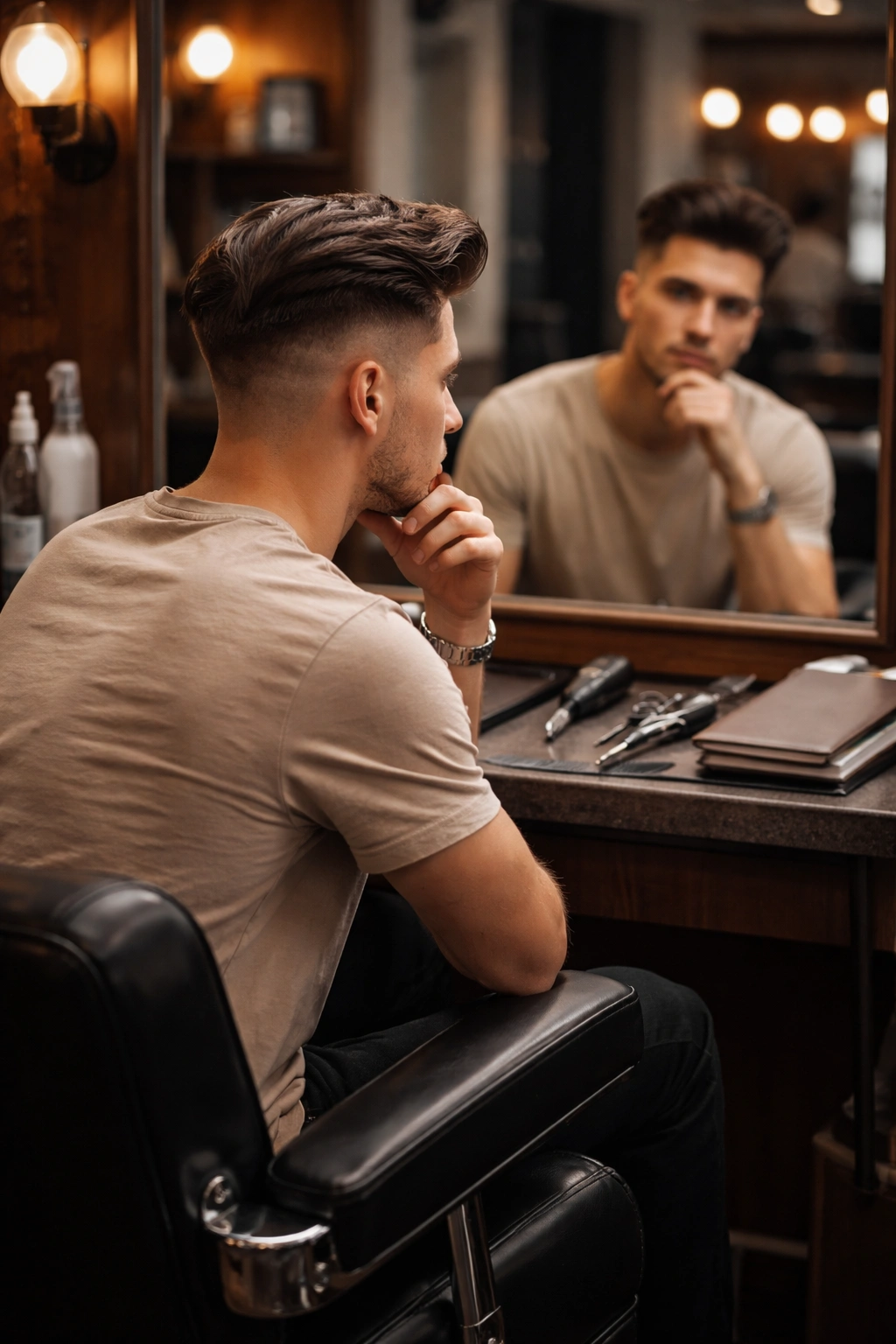 Thoughtful barbershop scene showing final considerations before an undercut, with grooming tools nearby